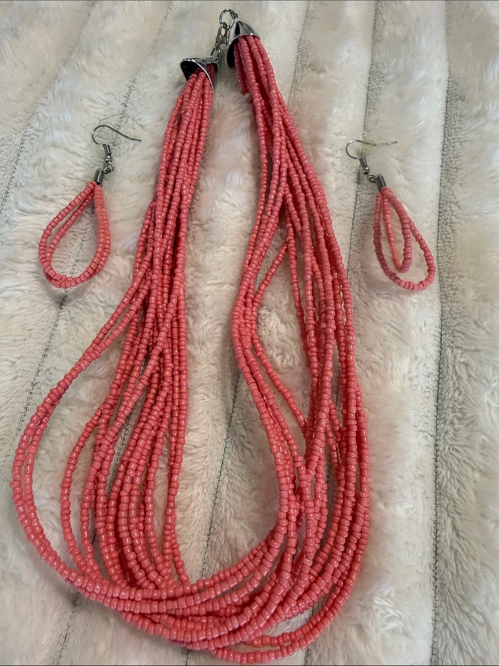 Coral Seed Bead Multi-Strand Necklace & Earrings Set - Unbranded